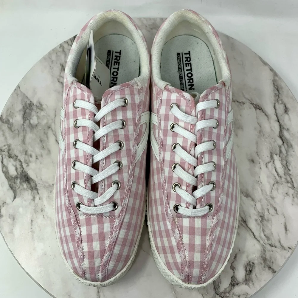 Tretorn Nylite Plus Lace Up Pink Gingham Sneakers 11 Retro Classic Preppy Casual - Picture 6 of 15